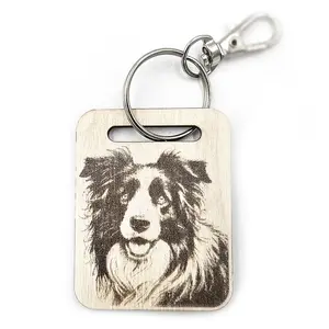 Border Collie Wooden Keyring with Split Ring and Trigger Clip