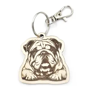 Personalised Bulldog Novelty Wooden Keyring Shaped with Split Ring and Clip